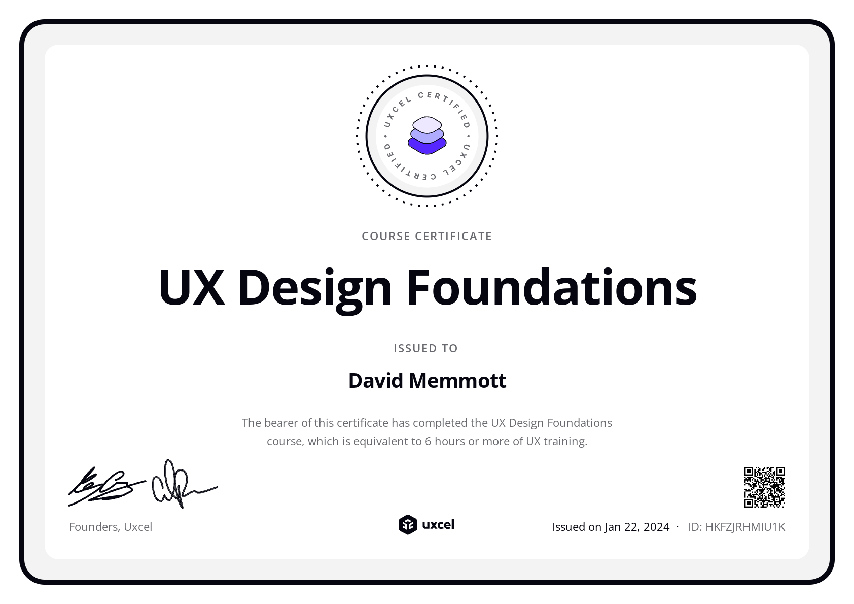 David Memmott's certificate